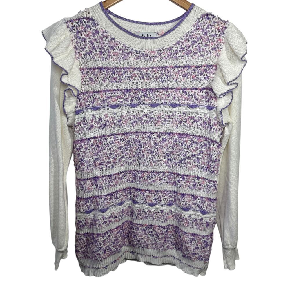 Fate Anthropologie Sweater Women Size S White Purple Ruffle Long Sleeve Spring
